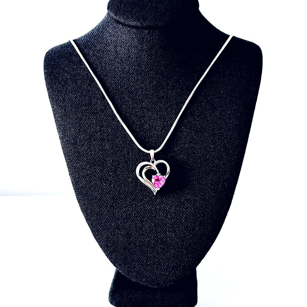 PAOLO ROMEO Sterling Silver 925 Heart Pink Stone Charm Necklace EUC
